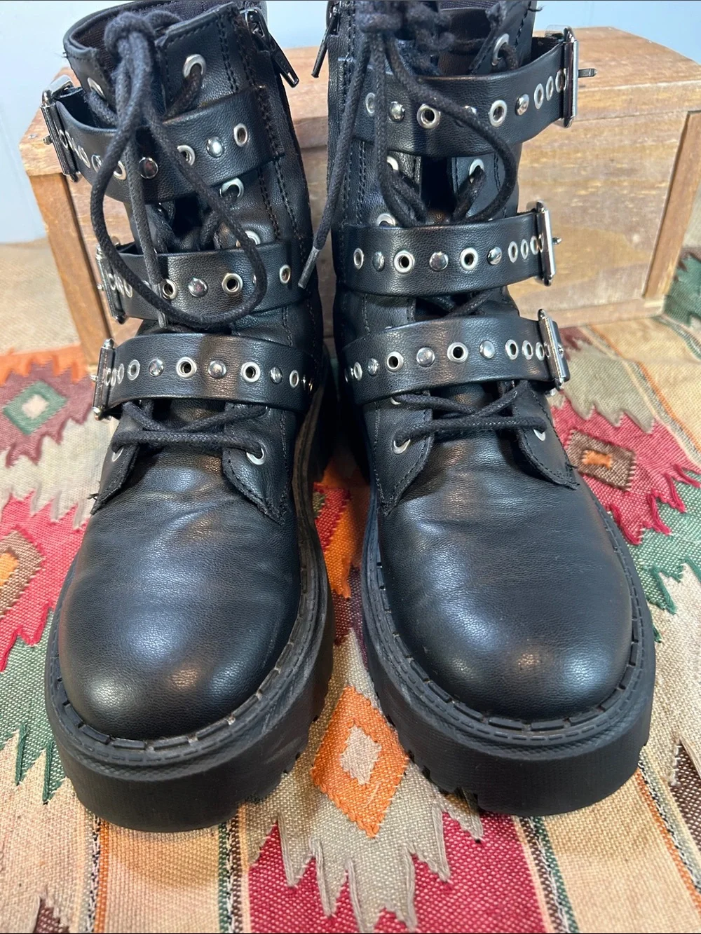 Zara Black Multi-Buckle Combat Boots
